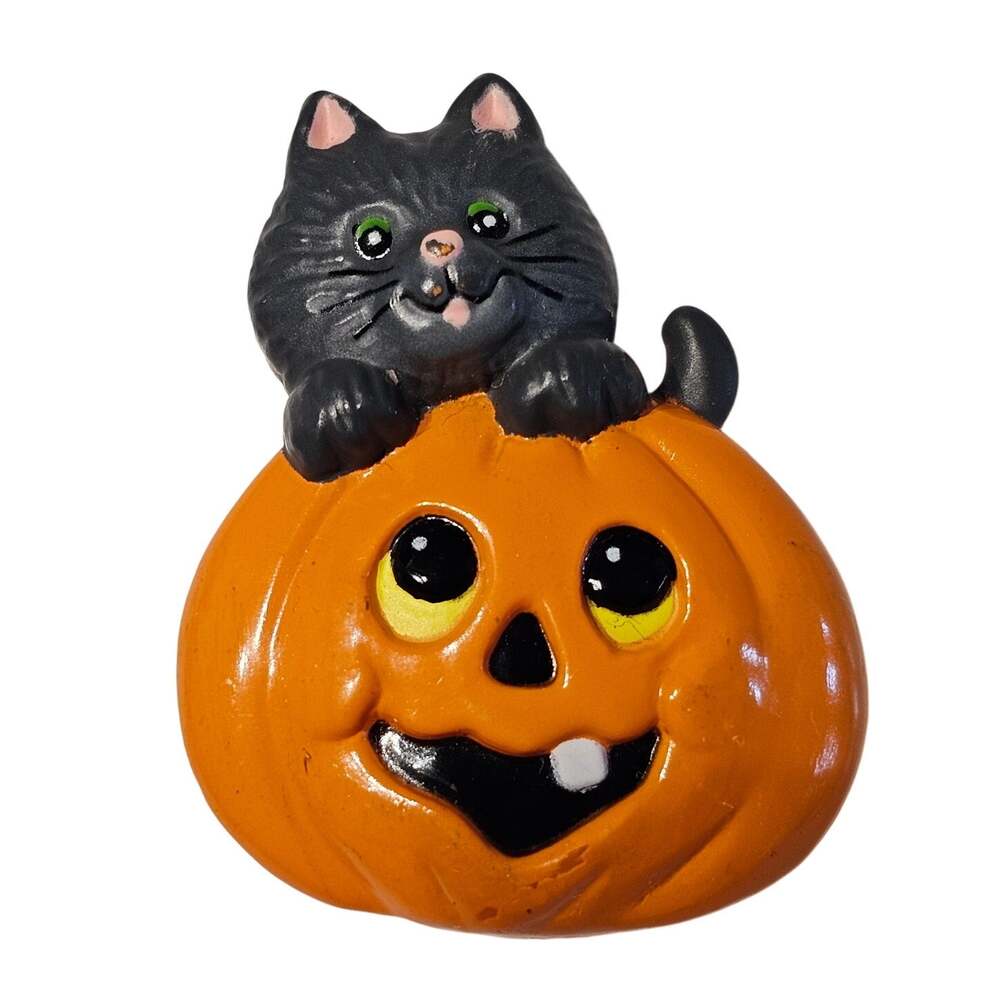 Vintage Russ Halloween Brooch Black Cat on Pumpkin Pin 1.61" Made Hong Kong